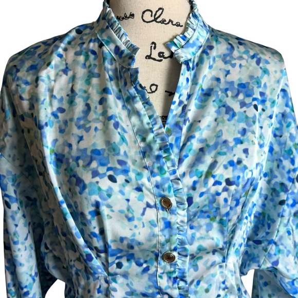 ZARA Blue Watercolor Dress – Size‎ XL midi gold buttons button up design - Picture 4 of 7